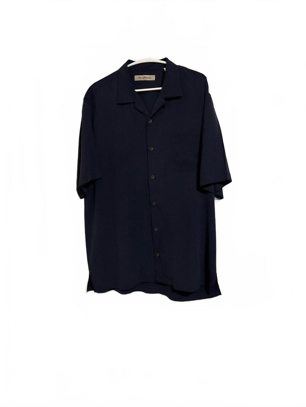 Tommy Bahama Mens M 100% Silk Camp Shirt Navy Textured Jacquard Coconut Button